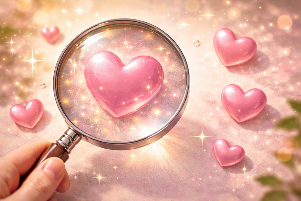 虫眼鏡(発見の比喩)と、キラキラしたハートのコラージュ。
