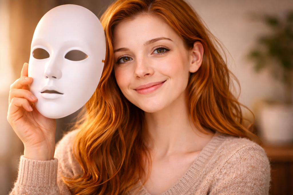 仮面を外して、リラックスした素顔を見せている写真。