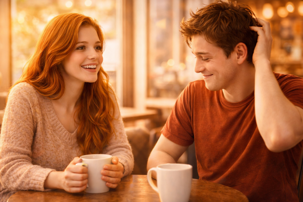 柔らかな自然光の中、カフェで向かい合って座る男女。女性が笑顔で話しかけ、男性が少し照れくさそうに、でも誇らしげにハニカミ笑いをして頭をかいている瞬間を捉えた写真。温かい色味（オレンジ系）のフィルター。