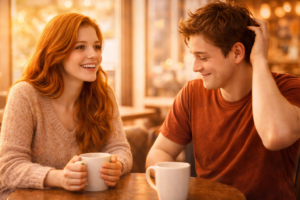 柔らかな自然光の中、カフェで向かい合って座る男女。女性が笑顔で話しかけ、男性が少し照れくさそうに、でも誇らしげにハニカミ笑いをして頭をかいている瞬間を捉えた写真。温かい色味（オレンジ系）のフィルター。