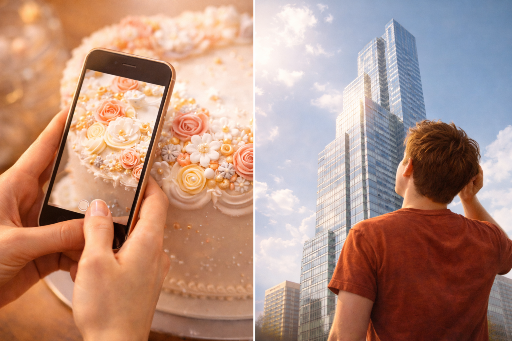 画面を左右に分割。左側（女性）は、美しいケーキの装飾（細かい部分）をスマホで接写している手元。右側（男性）は、完成した大きなビル（全体の結果）を満足げに見上げている後ろ姿。