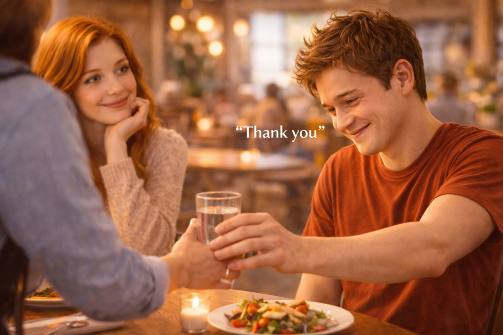 男性が女性のために重いドアを開けて待ってくれているシーン。女性は通り過ぎざまに、彼の方を向いて最高の笑顔で感謝を伝えている瞬間。