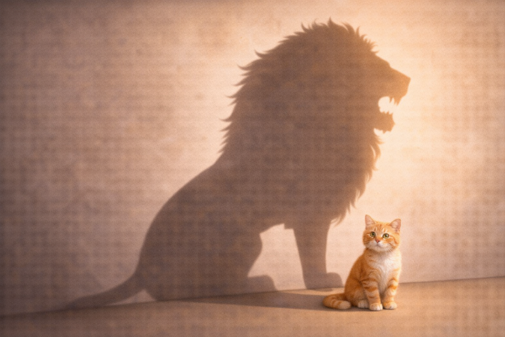 壁に映った影は強そうなライオンだが、実体は可愛らしい猫が座っている、というようなトリックアート的なイラスト（見た目と中身のギャップを表現）。