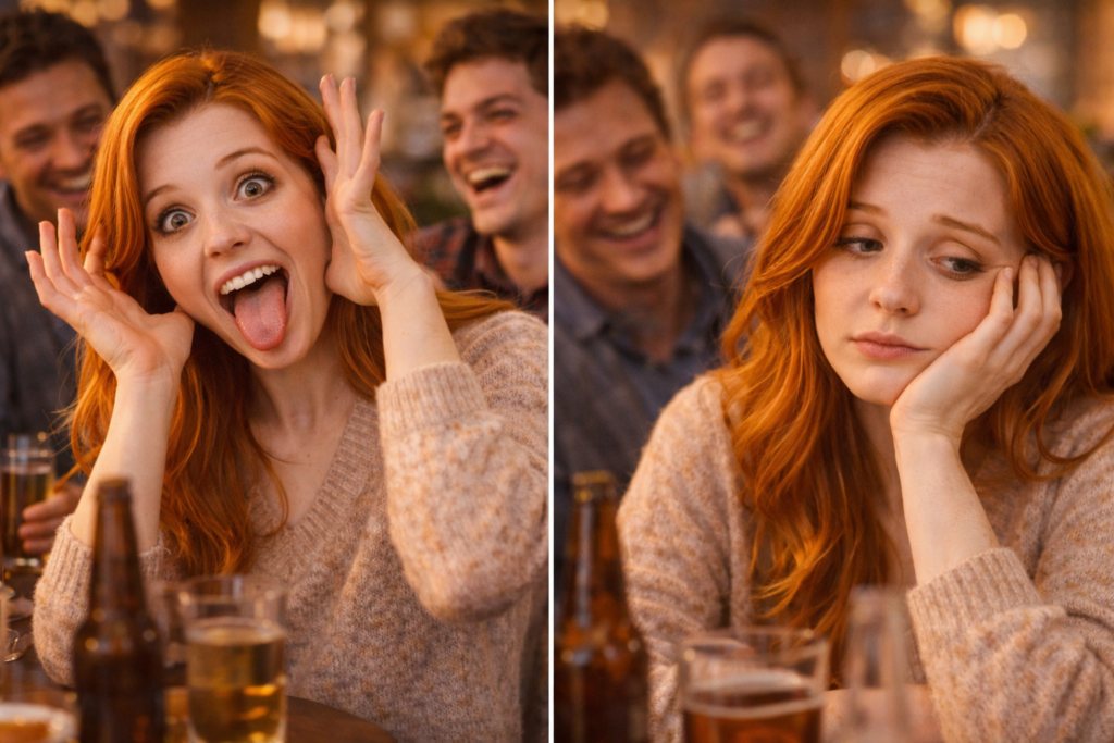 飲み会のような席で、女性が変顔やオーバーなジェスチャーをして場を盛り上げているが、ふと見せる表情に「疲れ」や「虚しさ」が滲んでいる瞬間。周囲は笑っているが、彼女を女性として見ている視線ではない、という対比。