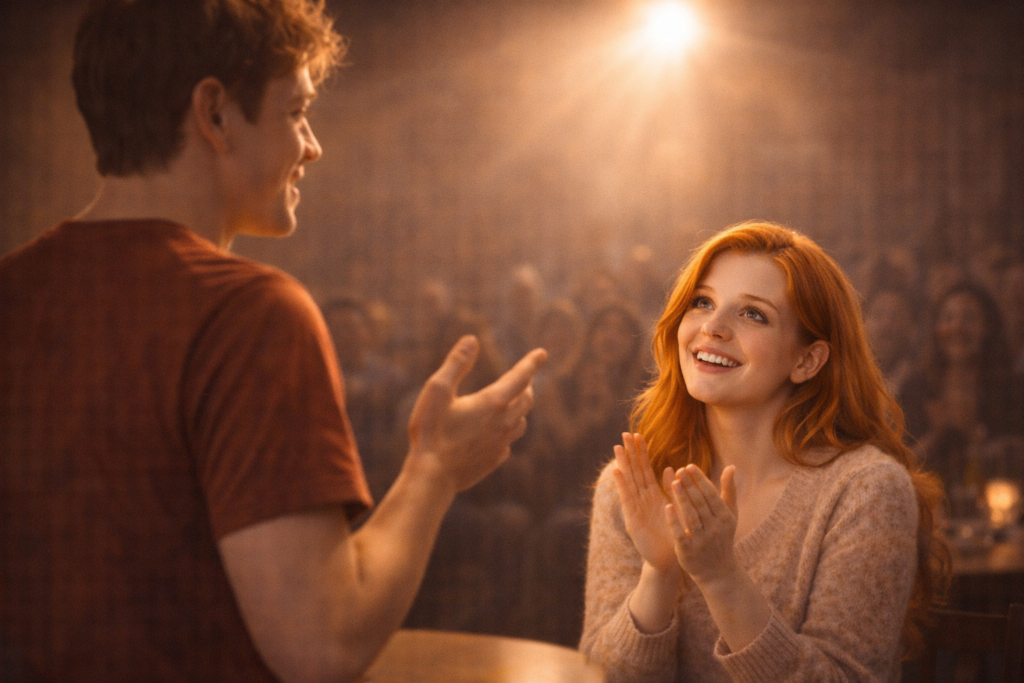 男性が何かを語っている姿に、スポットライトが当たっているような演出。その光の先(客席)にいる女性が、瞳をキラキラさせて彼を見上げ、拍手をしているような「称賛」の構図。