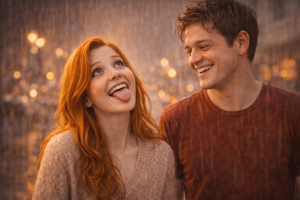 雨の中、傘を忘れてしまった二人。女性が空を見上げて、困った顔ではなく「あちゃー」と舌を出して可愛く笑っているシーン。男性もそれを見てつられて笑っている。