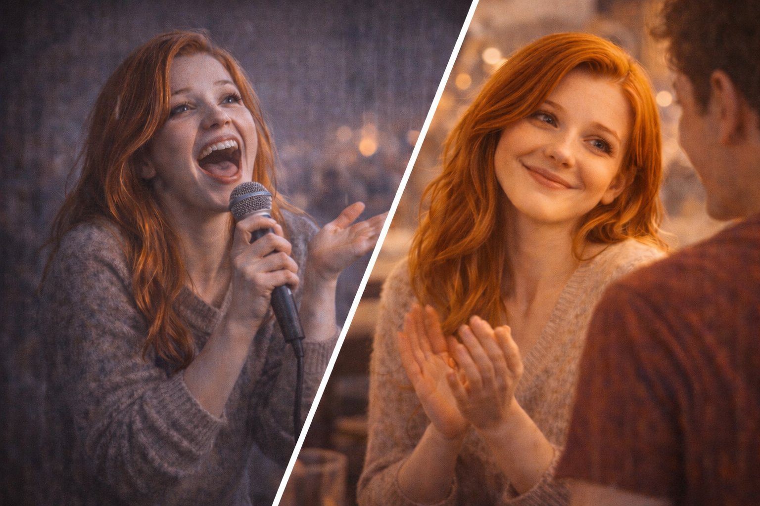 画面を斜めに分割したデザイン。 左側: マイクを持って熱弁し、爆笑を取っているが一人ぼっちの女性（寂しげな色調）。 右側: 男性の話を聞いて、上品に微笑んでいる幸せそうな女性（温かい色調）。 「面白い女 vs 笑ってくれる女」という対比が一目で分かる構図。