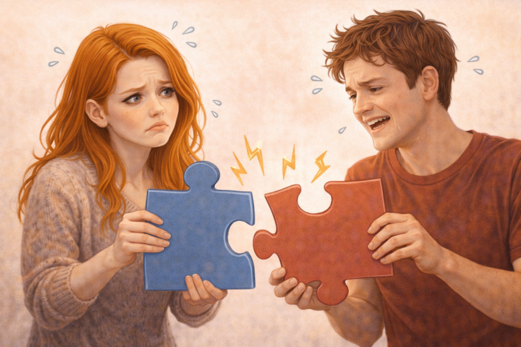 パズルのピースが合わなくて困っている男女のイラスト。