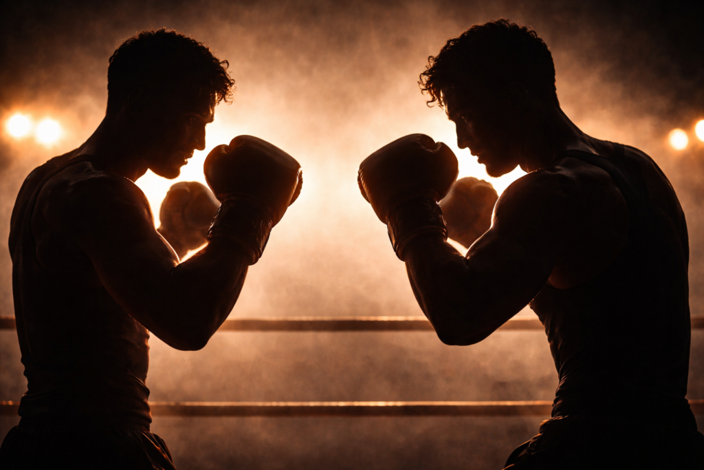 二人のボクサーが向かい合っているような、「戦い」や「競争」を暗示するシルエット画像。