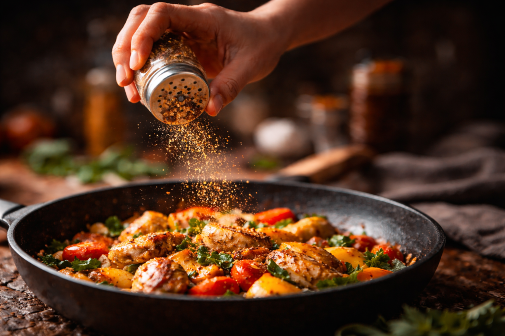スパイス（調味料）を料理に一振りしている手元の写真（ユーモアは隠し味、という比喩）。
