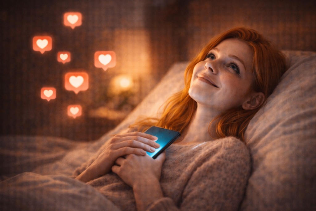 夜のベッドルーム。女性がスマホを胸に抱いて、幸せそうに天井を見上げているシーン。スマホの画面がほのかに発光し、彼女の顔を優しく照らしている。背景には、送信されたハートマークがふわりと浮かんでいるような幻想的な演出。