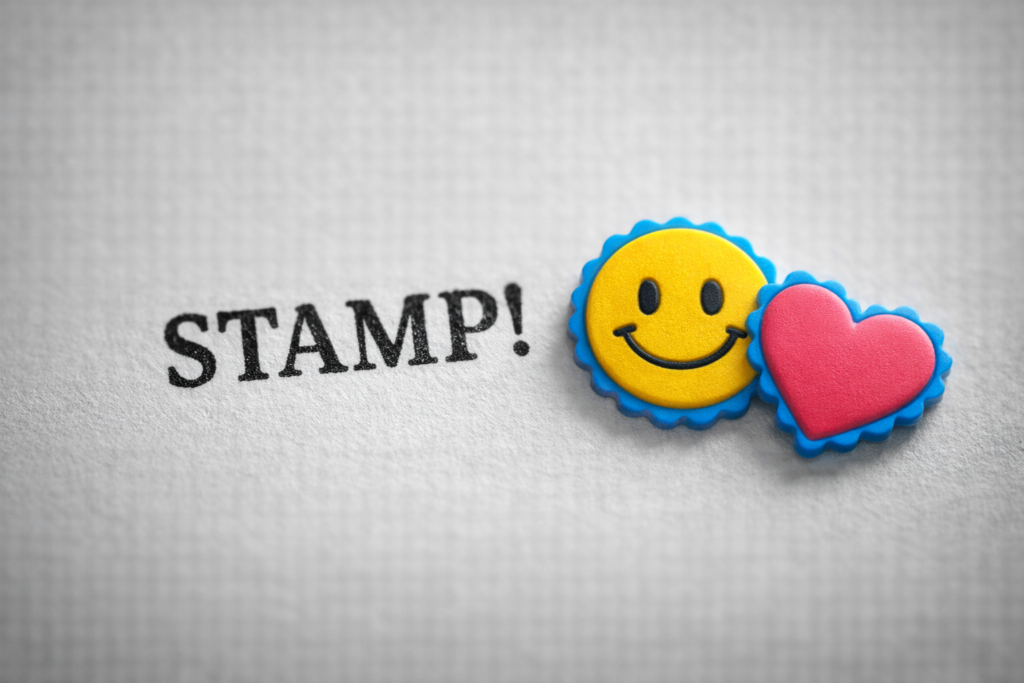 無機質な黒いテキストの横に、カラフルで立体的なニコちゃんマークやハートのスタンプがポンッと押されているイメージ。モノクロの世界にそこだけ色がつくような演出。