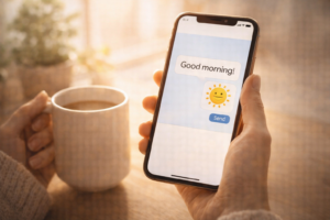 朝の光が差し込む部屋、マグカップを片手にスマホで短いメッセージを送る女性の手元。スマホ画面には「Good morning!」と可愛いスタンプが一つだけ表示されている。