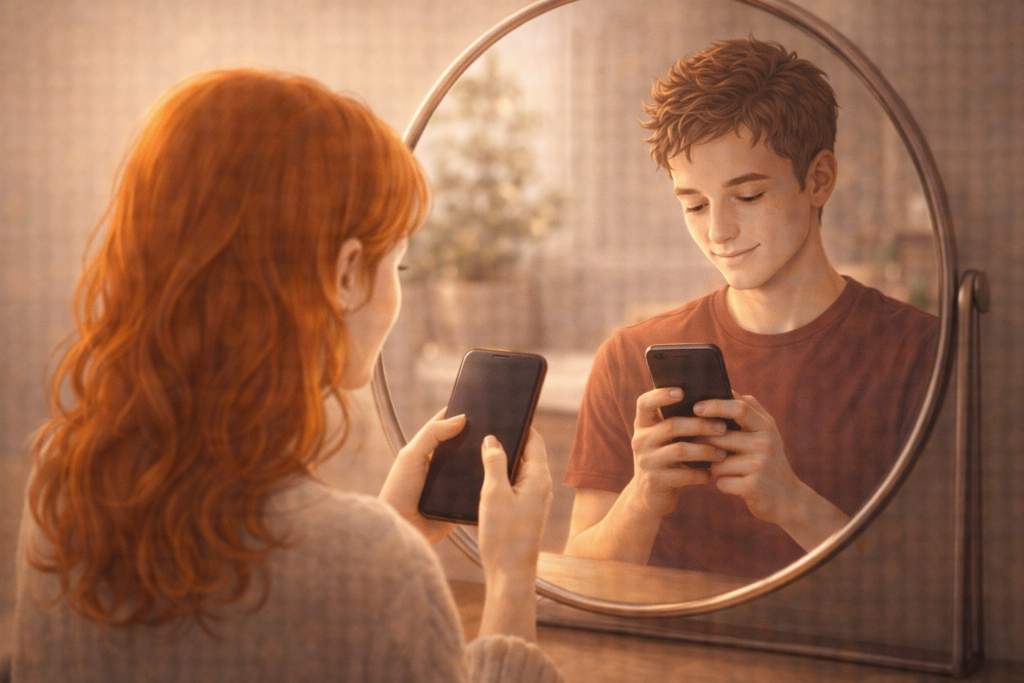 鏡（ミラー）を見ている女性のイラストだが、鏡に映っているのはスマホを持った男性。二人が同じポーズ、同じ表情でスマホを見ている。