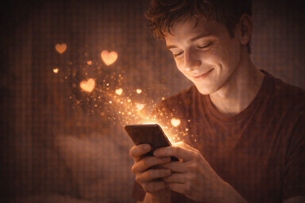 暗い部屋でスマホを見ている男性の顔が、画面の光で照らされている。その画面から、温かい光の粒子やハートがふわっと溢れ出し、彼の表情が優しく緩んでいる瞬間。