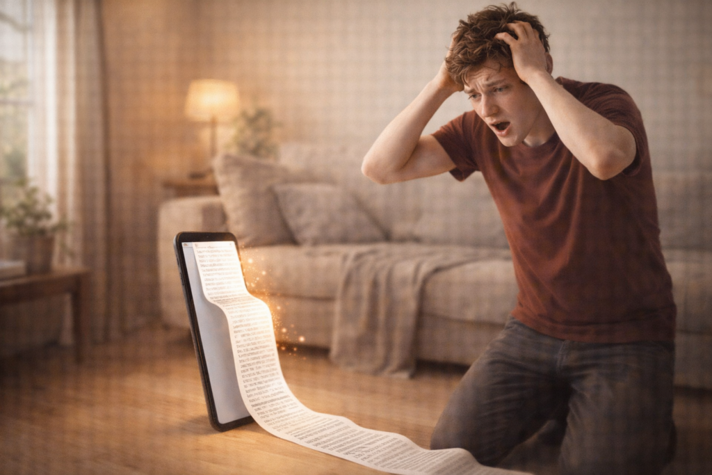 スマホの画面から、長い長い巻物（のようなテキスト）が床まで垂れ下がっていて、それを見て男性が頭を抱えている（ドン引きしている）コミカルな写真。