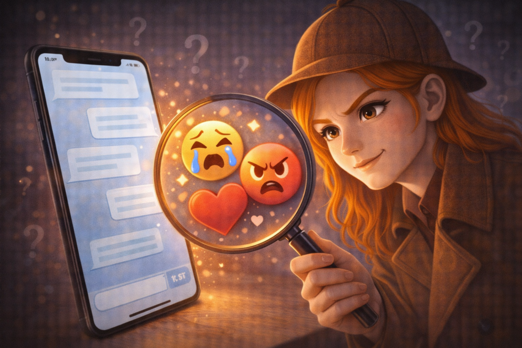 スマホのチャット画面を虫眼鏡（ルーペ）で覗き込んでいる探偵風の女性。ルーペの中には、メッセージの裏にある「彼の本音（泣き顔、怒り顔、ハートなど）」がアイコンとして浮かび上がっている。 雰囲気: ポップでミステリアス。「隠された真実を暴く」というワクワク感。
