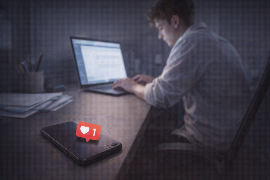 仕事をしている男性のデスク。スマホが脇に置かれ、通知が来ているが、彼はそれを裏返しにして無視し、パソコンに向かっている。
雰囲気: 「拒絶」「後回し」の冷たい空気感。女性からのメッセージが届かないもどかしさ。