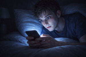 深夜の暗い部屋、ベッドの中でスマホのブルーライトに照らされた男性の顔。目が少し充血していて、何かに取り憑かれたように必死にメッセージを打っている。