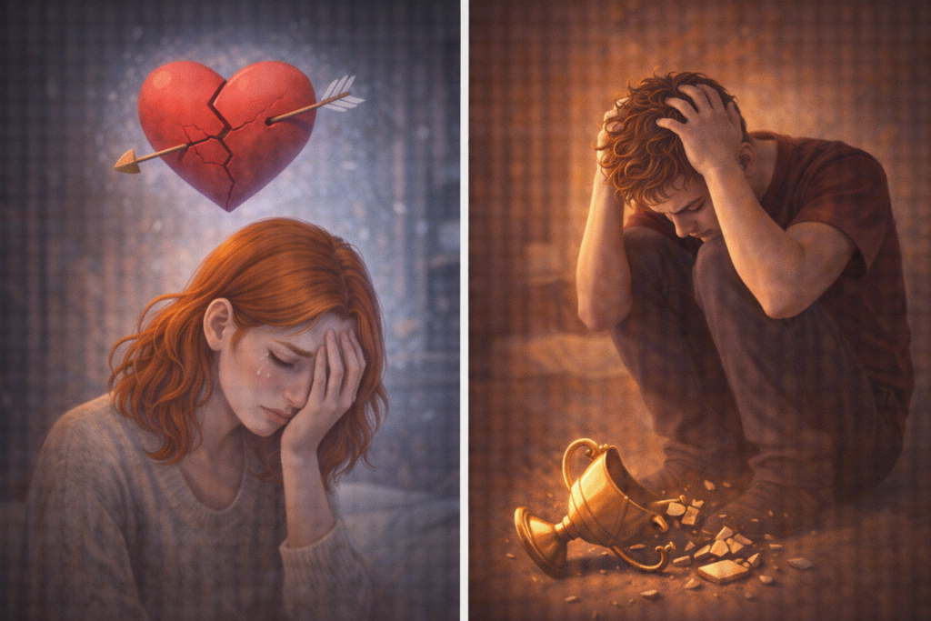 構図: 画面分割。

左（女性）： ハートマーク（愛）に矢が刺さって悲しんでいる女性。

右（男性）： トロフィー（能力・成果）が粉々に壊れて落ち込んでうずくまっている男性。

雰囲気: 「何を大切にしているか」の違いをアイコン的に分かりやすく。