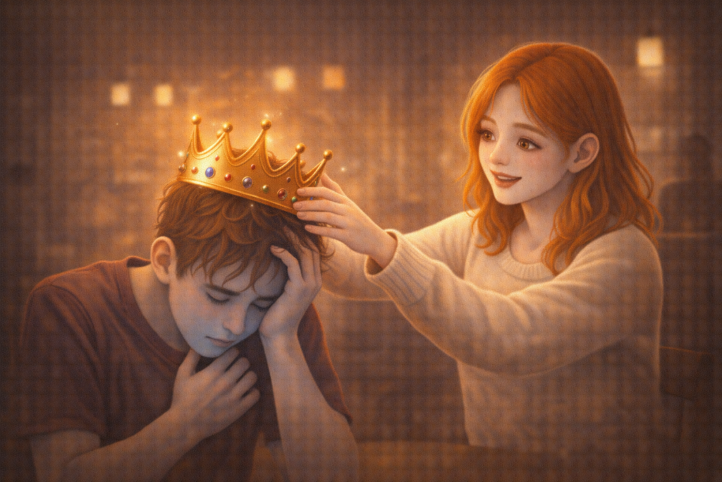 落ち込んでいる男性の頭に、女性が優しく「王冠」を乗せてあげているシーン。