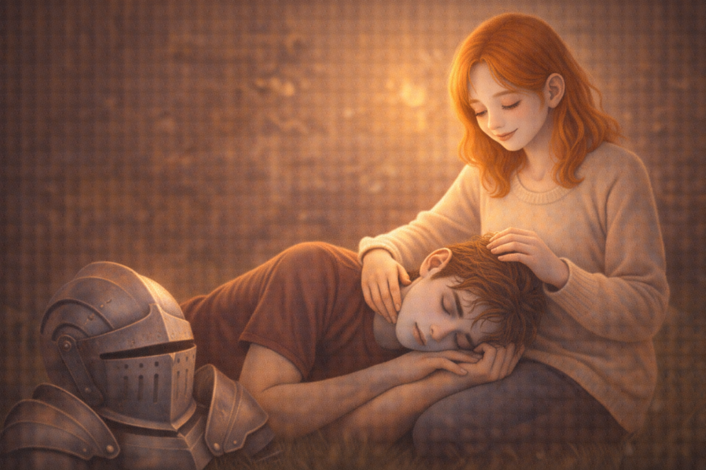 重い鎧（兜）を脱いで地面に置き、リラックスした素顔で女性の膝枕で休んでいる男性。女性は優しく彼の髪を撫でている。