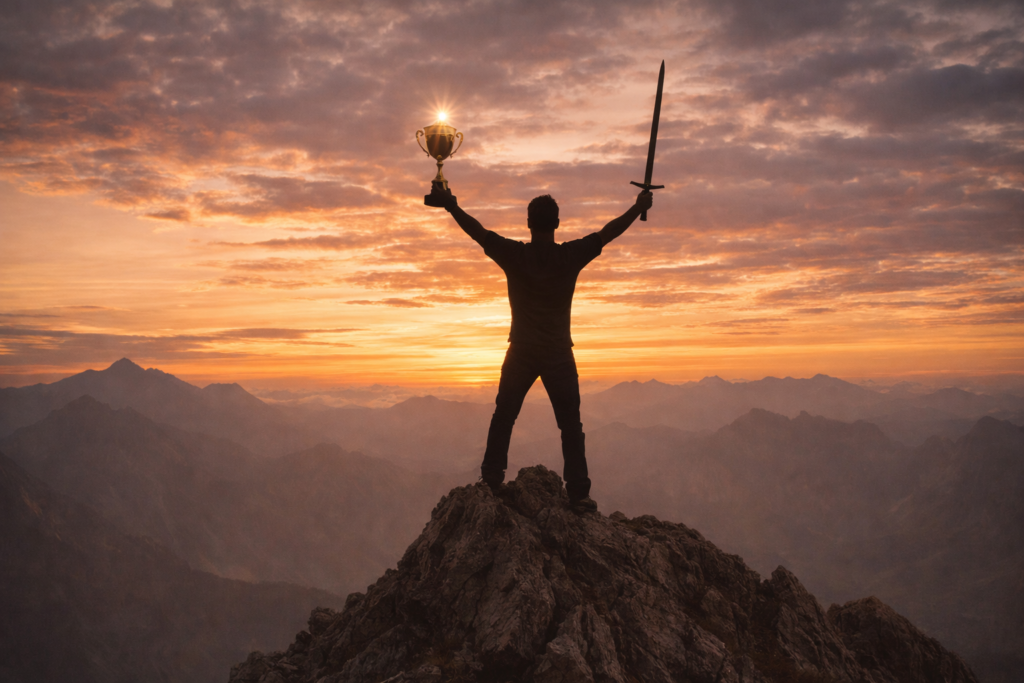 一人の男性が、高い山の頂上(または玉座)に立ち、トロフィーや剣を掲げて誇らしげにしているが、周囲には誰もいない孤独なシルエット。