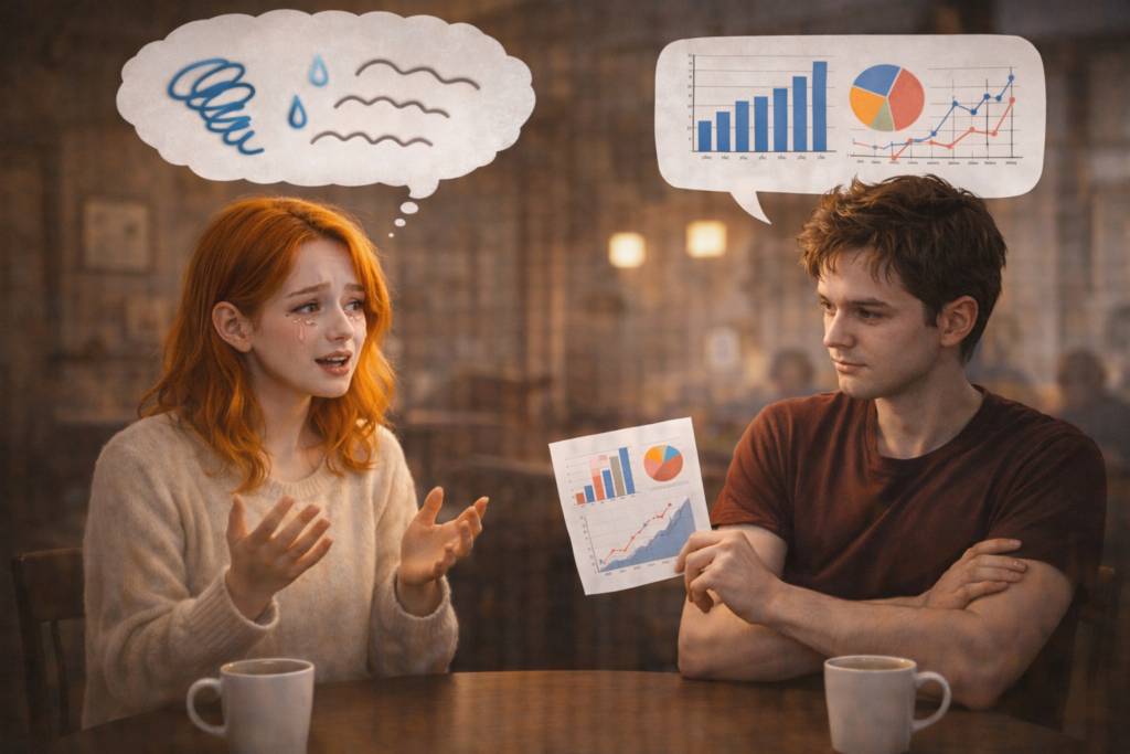 カフェで話す男女。女性は涙目で「感情」を訴えている(吹き出しが波線や涙)。男性は腕組みをして、冷静に「論理的な図やグラフ」を提示している(吹き出しが四角いチャート)。二人の視線が交わっていない。