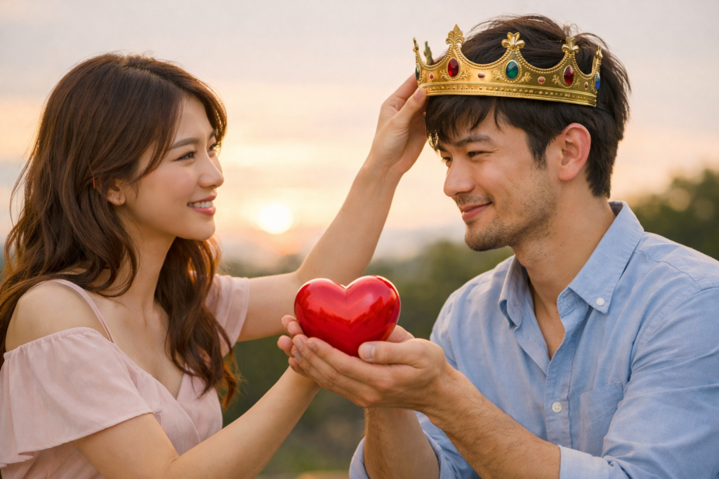 女性は男性に「王冠(承認)」を。男性は女性に「ハート(親和)」を渡している。