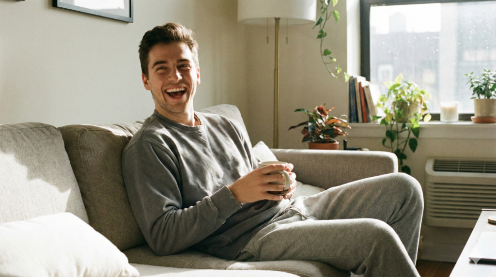 若い男性が、屈託のない笑顔で笑っている自然な写真（公園や部屋着などリラックスした雰囲気）。