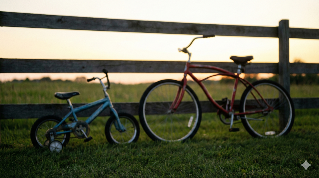 補助輪付きの自転車（親代わり）と、補助輪なしの自転車（自立）が並んでいるような抽象的な写真。
