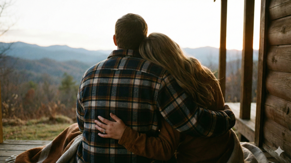 女性が男性の広い背中や肩に、安心して寄りかかっている後ろ姿。