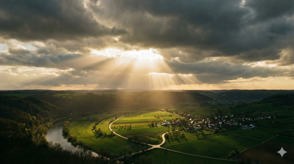 雲の隙間から光が差し込んでいる風景（希望の象徴）。