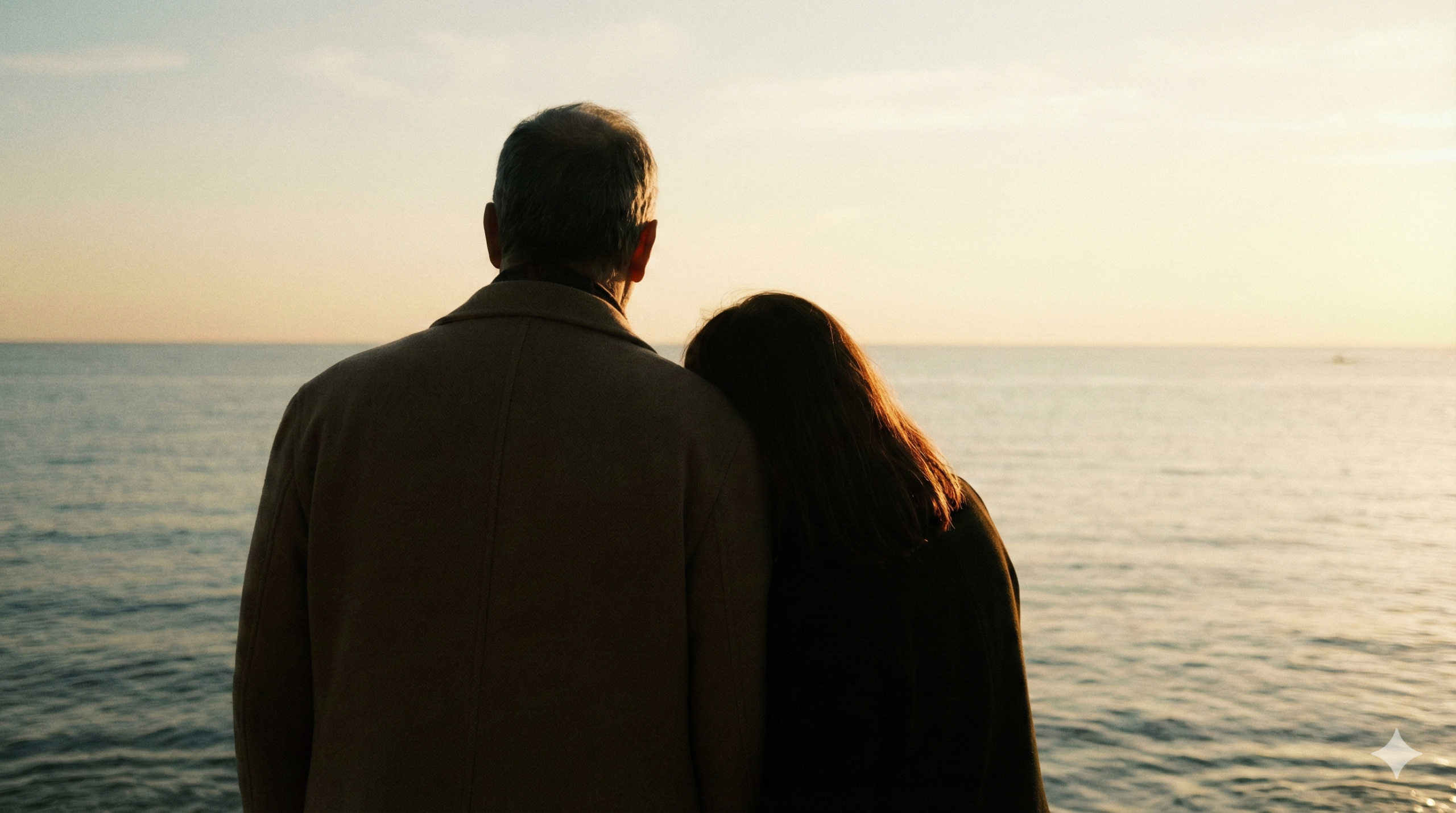 落ち着いた大人の男性の背中と、それに寄り添う女性のシルエット。