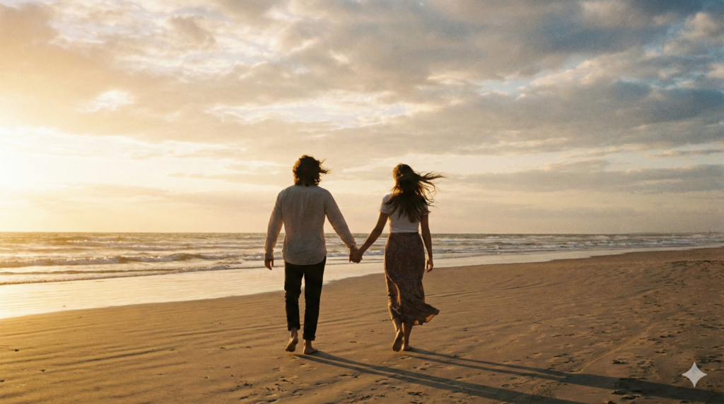 広い空の下や海辺を、二人で手を繋いで自由に歩いていく後ろ姿。