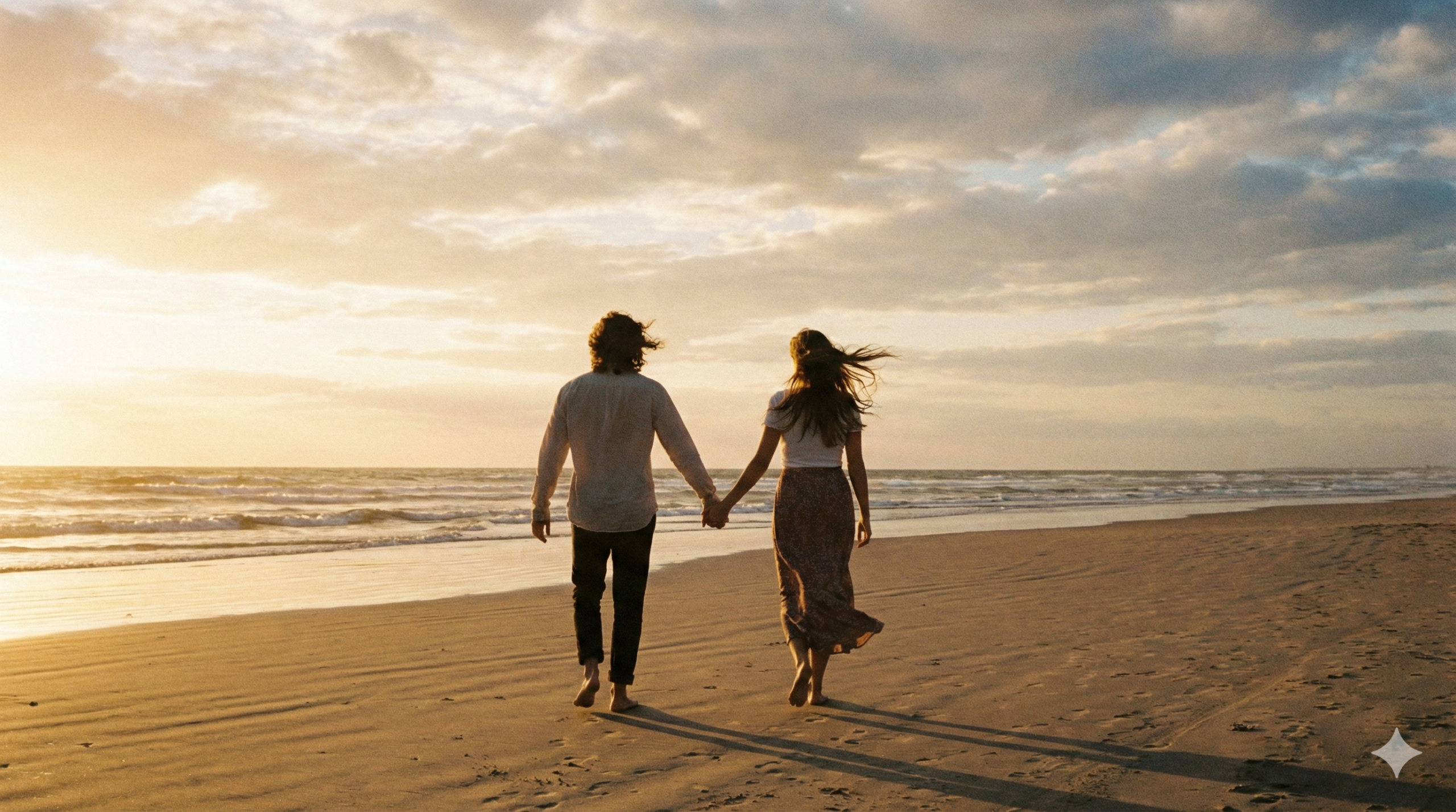 広い空の下や海辺を、二人で手を繋いで自由に歩いていく後ろ姿。