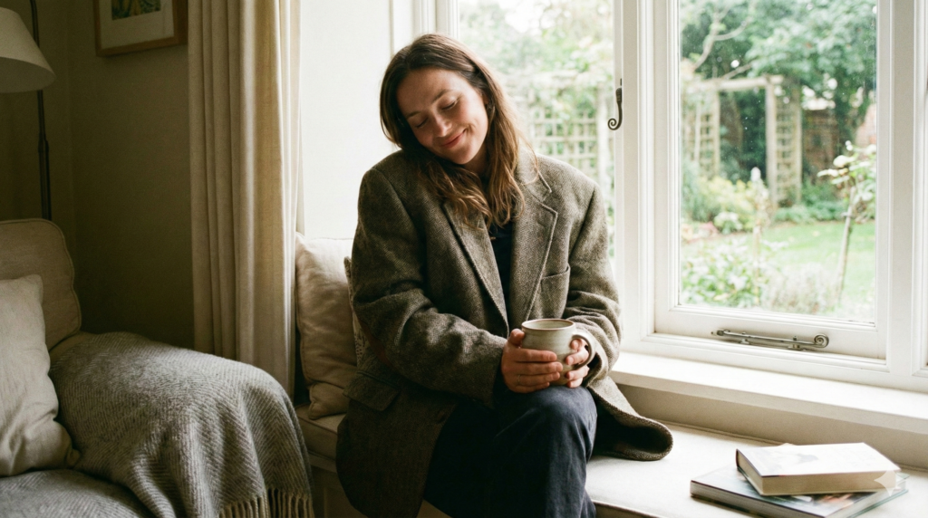 大きな男性のジャケットやコートを羽織っている女性の写真（包まれている安心感の暗喩）。