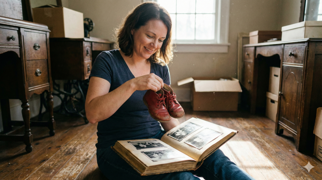大人の女性が、古い子供用の靴や、昔のアルバムを懐かしそうに見つめている写真。