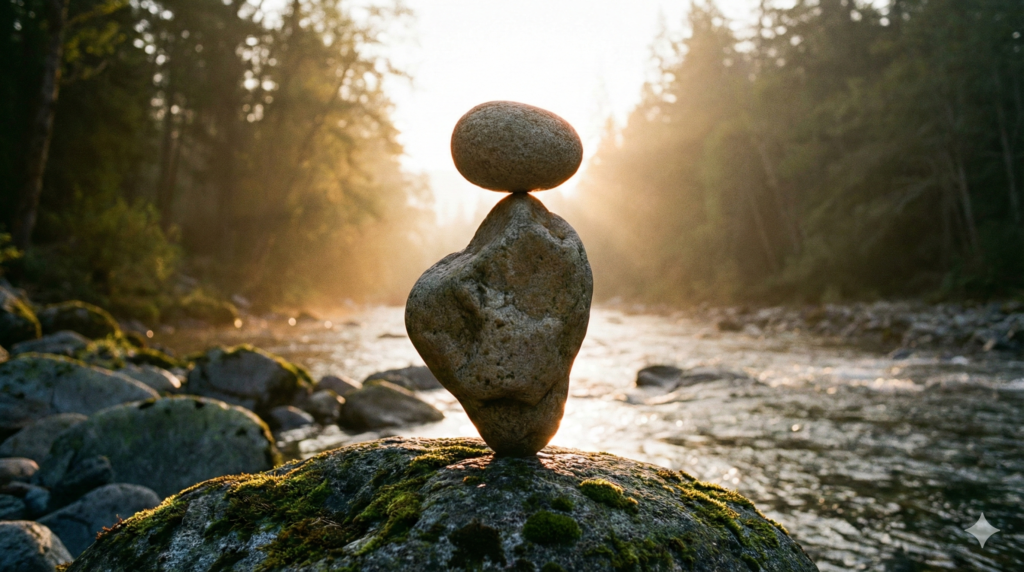 形や大きさの違う二つの石が、絶妙なバランスで積み重なっているアートな写真。