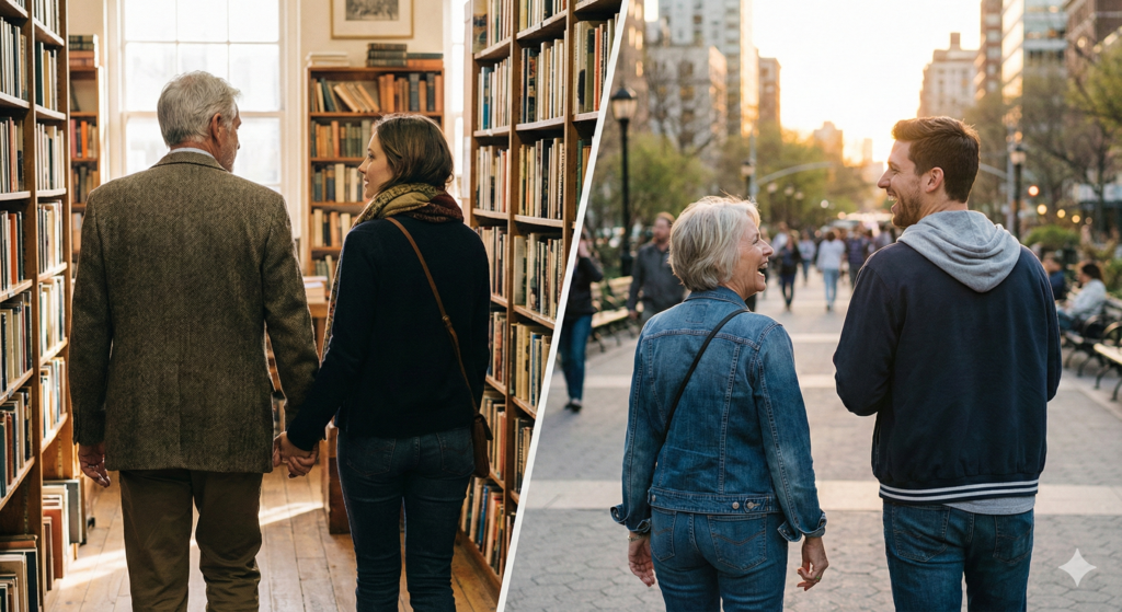 （対比を強調）： 画面を左右に分割し、片方には「落ち着いた大人の男性と若い女性」、もう片方には「快活な若い男性と大人の女性」のシルエットや後ろ姿を並べたデザイン的な画像。