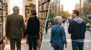 （対比を強調）： 画面を左右に分割し、片方には「落ち着いた大人の男性と若い女性」、もう片方には「快活な若い男性と大人の女性」のシルエットや後ろ姿を並べたデザイン的な画像。