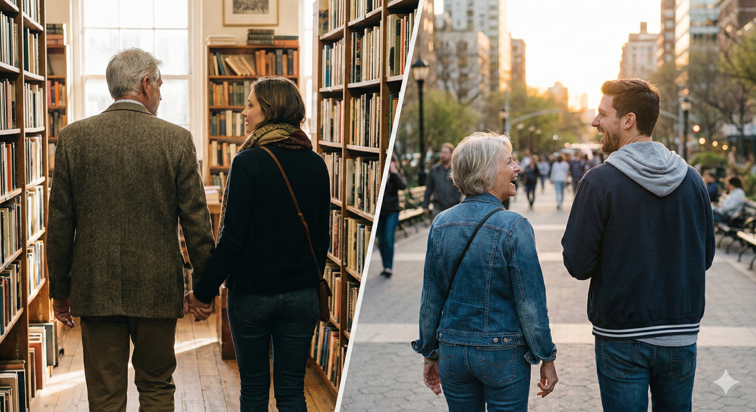 （対比を強調）： 画面を左右に分割し、片方には「落ち着いた大人の男性と若い女性」、もう片方には「快活な若い男性と大人の女性」のシルエットや後ろ姿を並べたデザイン的な画像。