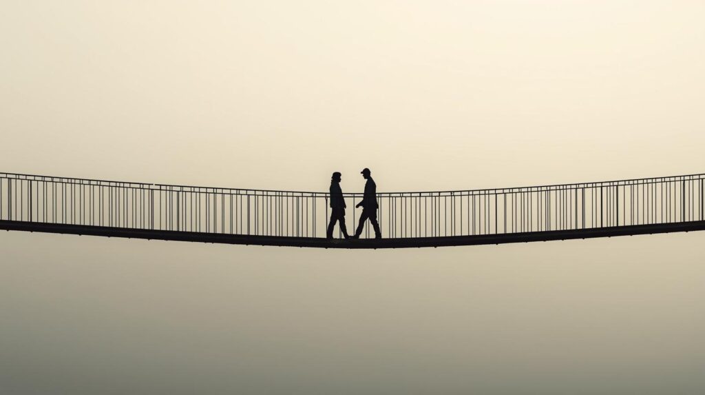 ちいさな吊り橋を渡る2人のシルエット