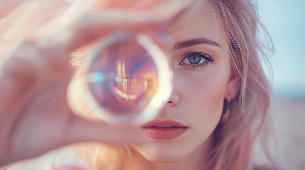 女性がガラス越しやプリズム越しに何かを見ている