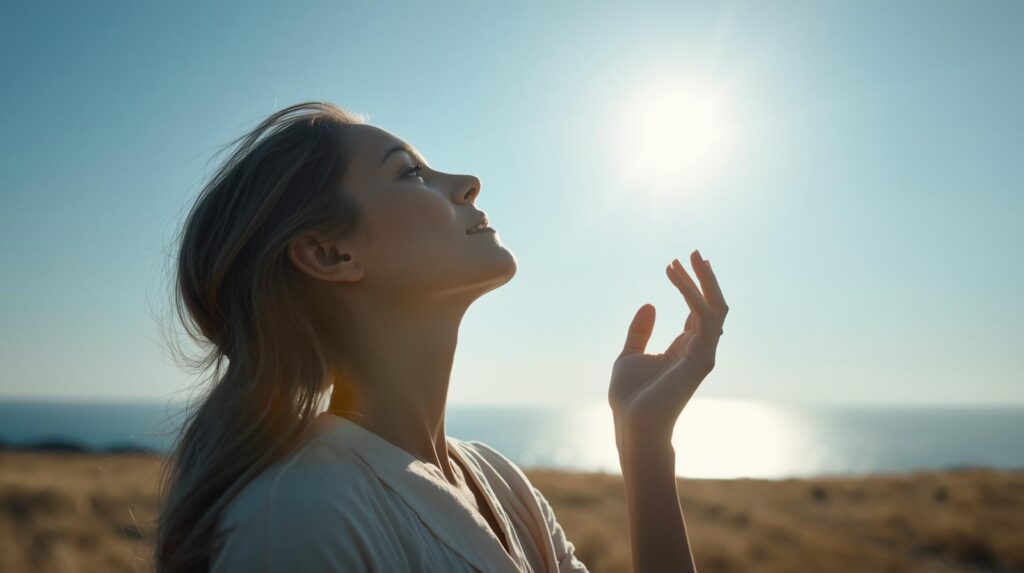 女性が一人で、希望に満ちた表情で空を見上げている