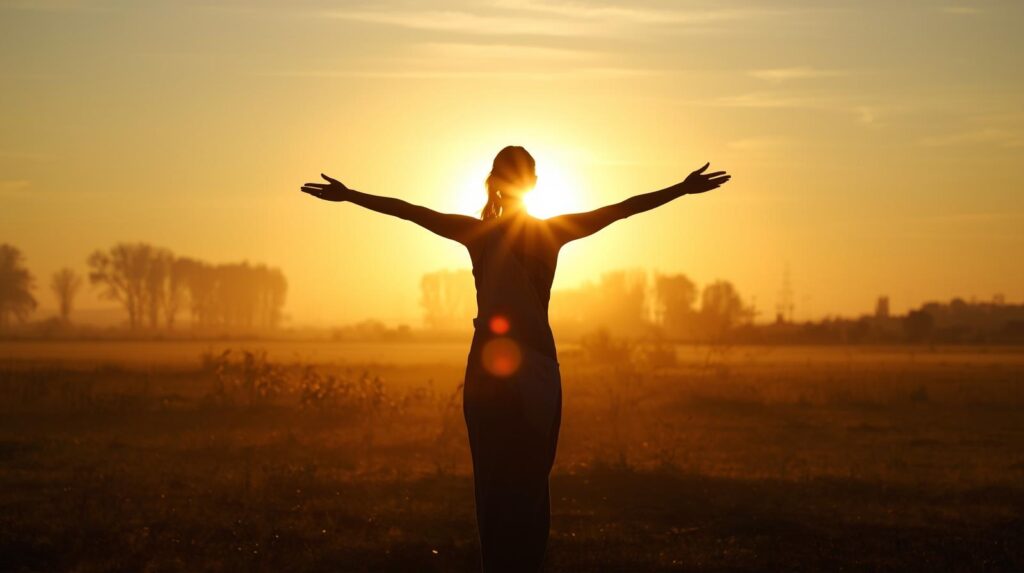 朝日を浴びて伸びをする女性のシルエット