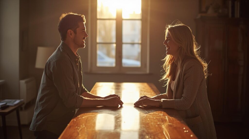 机を挟んで向かい合う楽しそうな男女