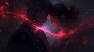 赤い糸や光の粒子が男女二人を繋いでいるような、運命的な繋がりを感じさせるアート