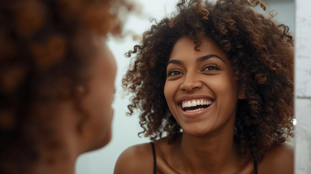 鏡の前で微笑む女性