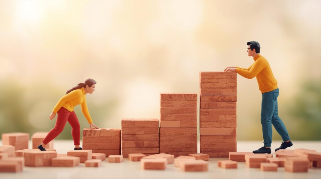 カップルがコツコツとレンガを積み上げているような「積み重ね」のイメージ。